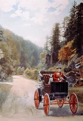 Postkarte mit einer lächelnden Frau am Steuer eines frühen Autos, ca. 1910